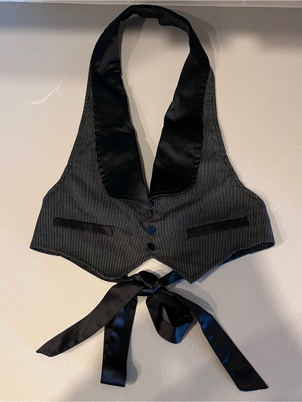 Black pinstripe halter suit vest, satin trim, tie back, women’s, performer, sexy